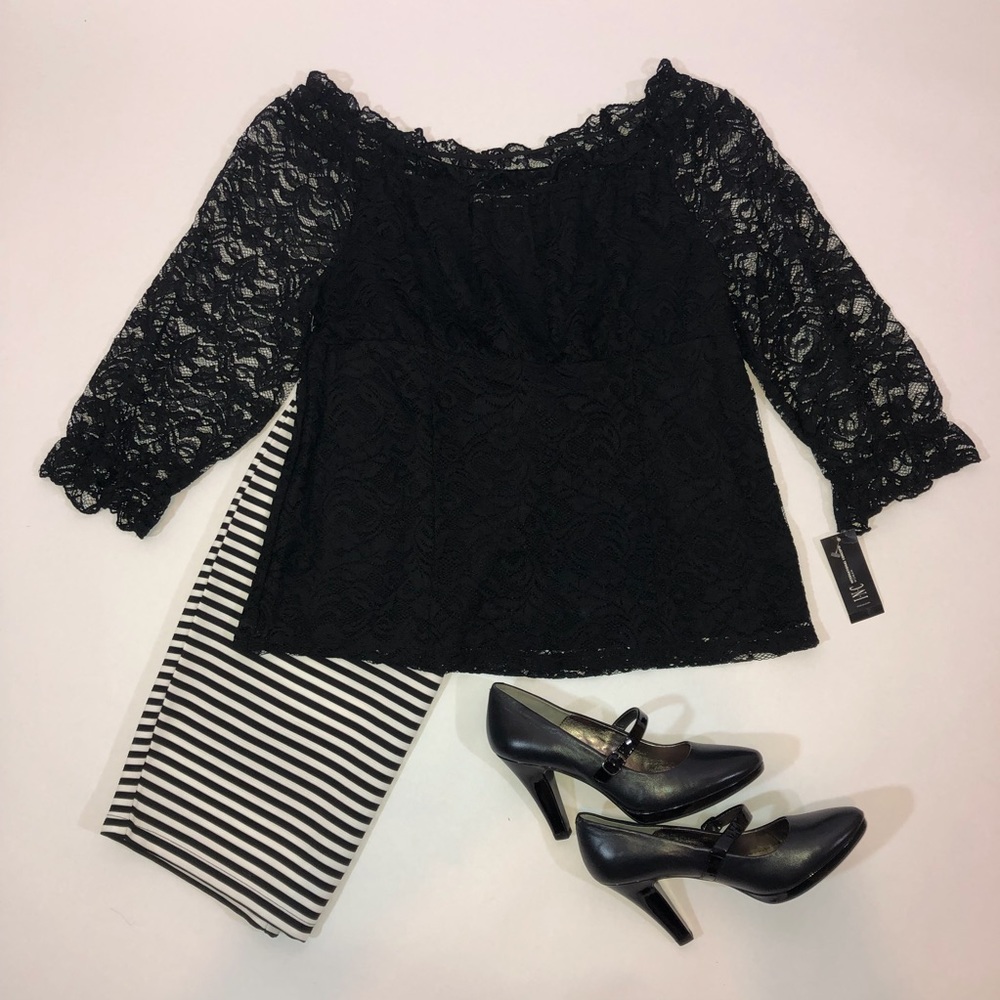 INC Black Lace Empire Waist Balloon Sleeve Top 0X